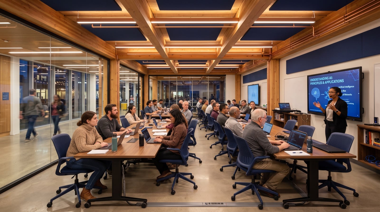 Concept rendering of adults learning together in the community learning center.