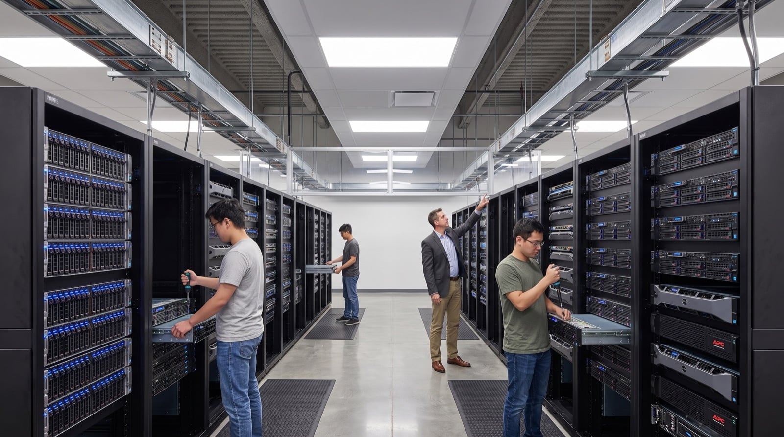 Concept rendering of learners working alongside an instructor in a GPU server lab.
