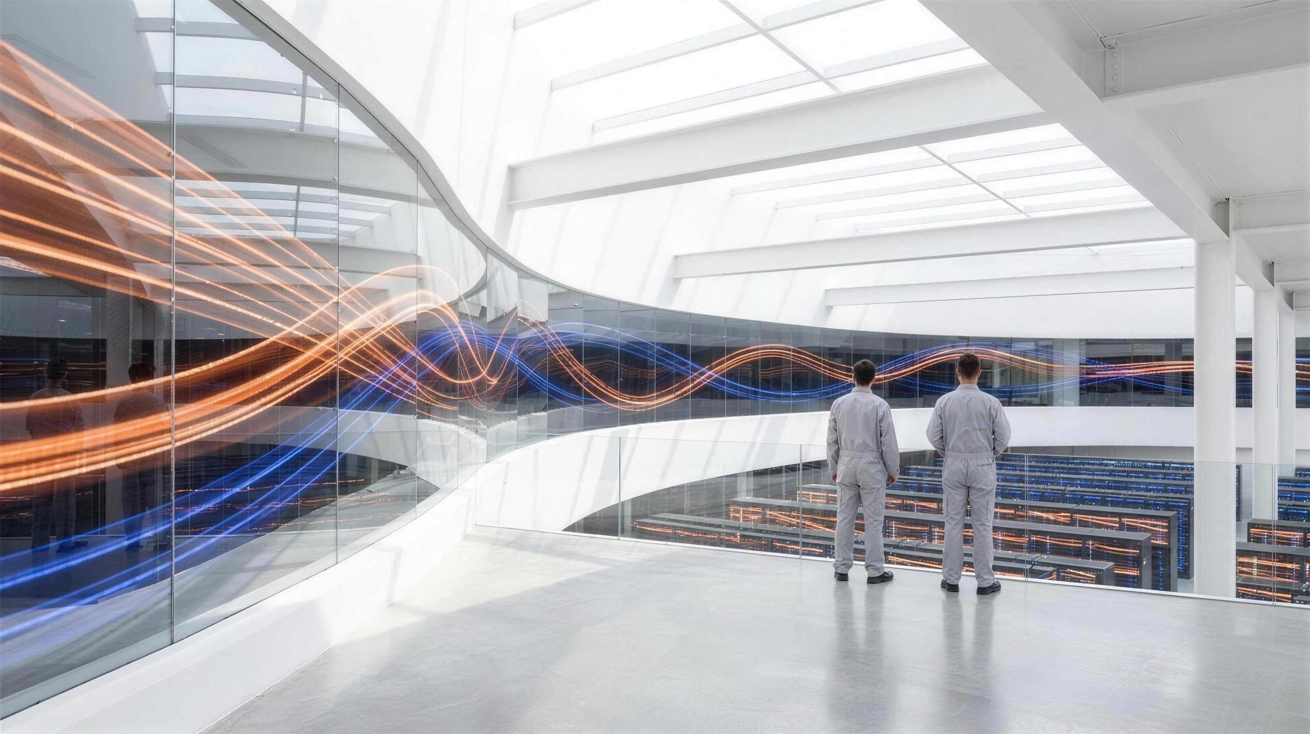 Concept illustration of people overseeing compute infrastructure from an operations gallery.