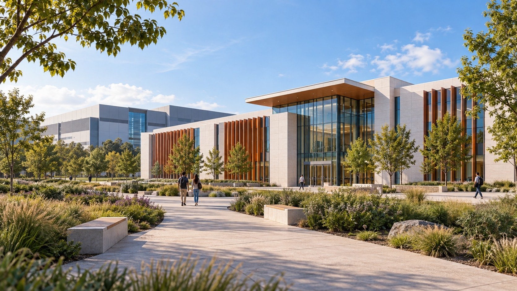 Concept rendering of a university AI campus, with a training institute, landscaped public walkway, and data center behind it.