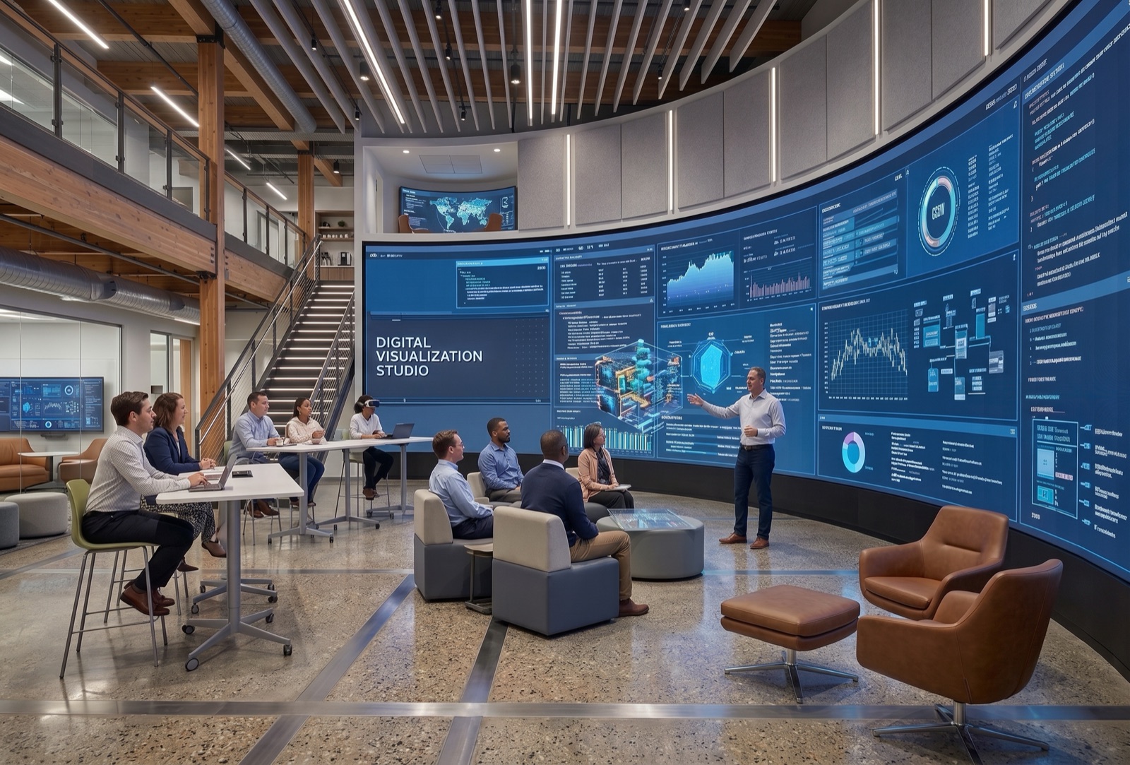 Concept rendering of learners seated at desks while an instructor teaches beside a large curved display in the campus visualization studio.